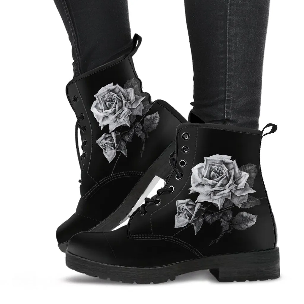 Combat Boots - Vintage Roses in Black & White | Women's Black Hipster Boots, Vegan Leather Boots