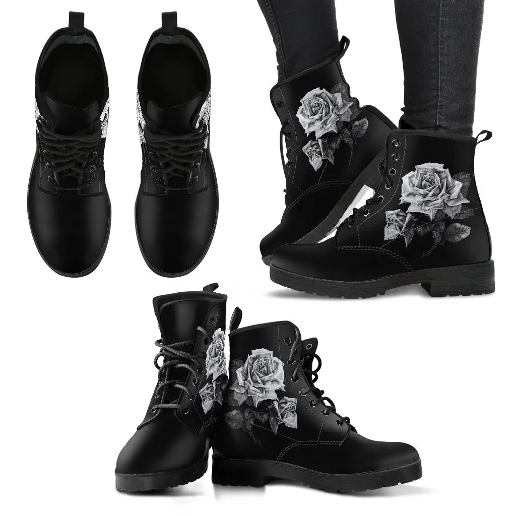 Combat Boots - Vintage Roses in Black & White | Women's Black Hipster Boots, Vegan Leather Boots