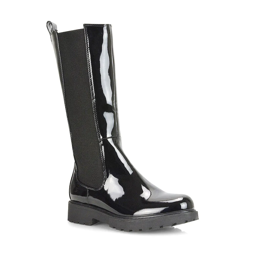 Suzie Flat Low Block Heel Slip on below the Knee Biker Boots in White PU